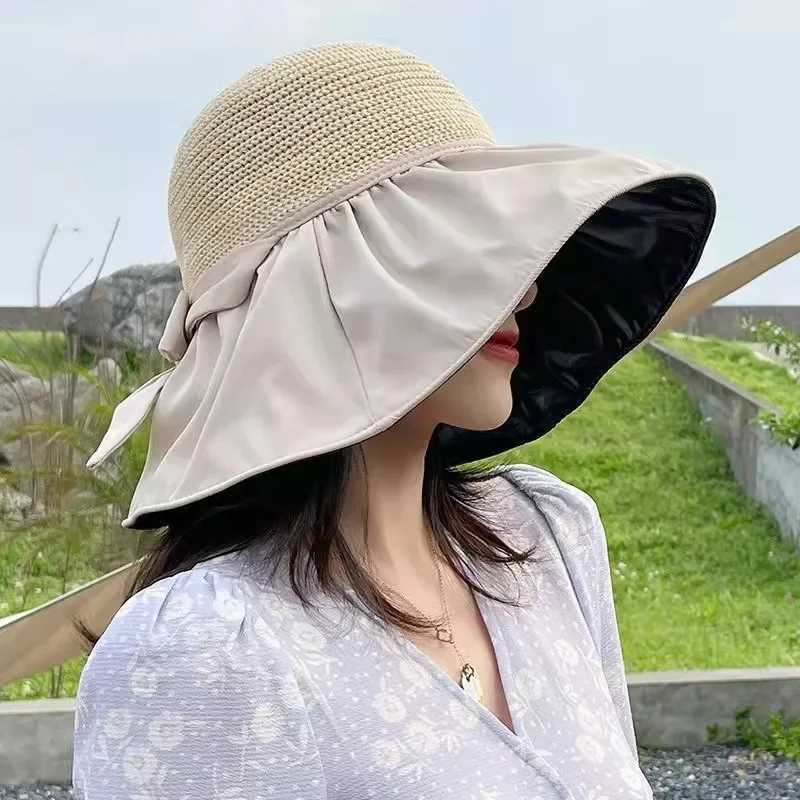 Metal Label Bow Knit Sun Hat Big Brim Breathable UV Protection Visor Cs For Women Men Summer Travel Sport Hiking Beach HatXJ250304