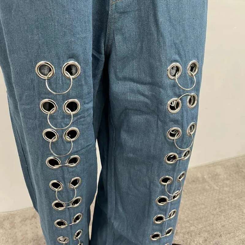 Fashion Metal Hole Jeans For Women Hollow Out Straight Loose Casual Denim Pants Spring New Items 19F2031