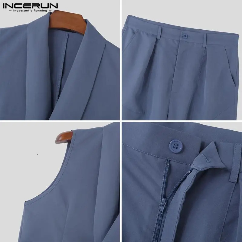 INCERUN American Style Fashion Sets Mens Solid Double Breasted Vests Pants Casual Streetwear Two-piece Sets S-5XL 250303