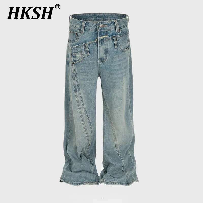 HKSH Autumn New Men's Tide Punk Spliced Jeans Women's Chic Vintage Denim Pants Irregular Design Niche Straight Trend Ins Hk2774
