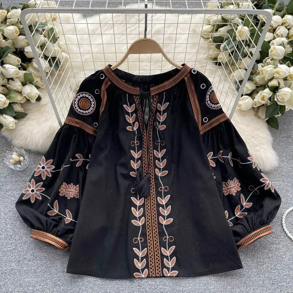 Neploe Women O Neck Puff Sleeve Print Heavy Shirt Panelled Lace Up All-match Embroidery National Style Blouses Tassels Tops 250228