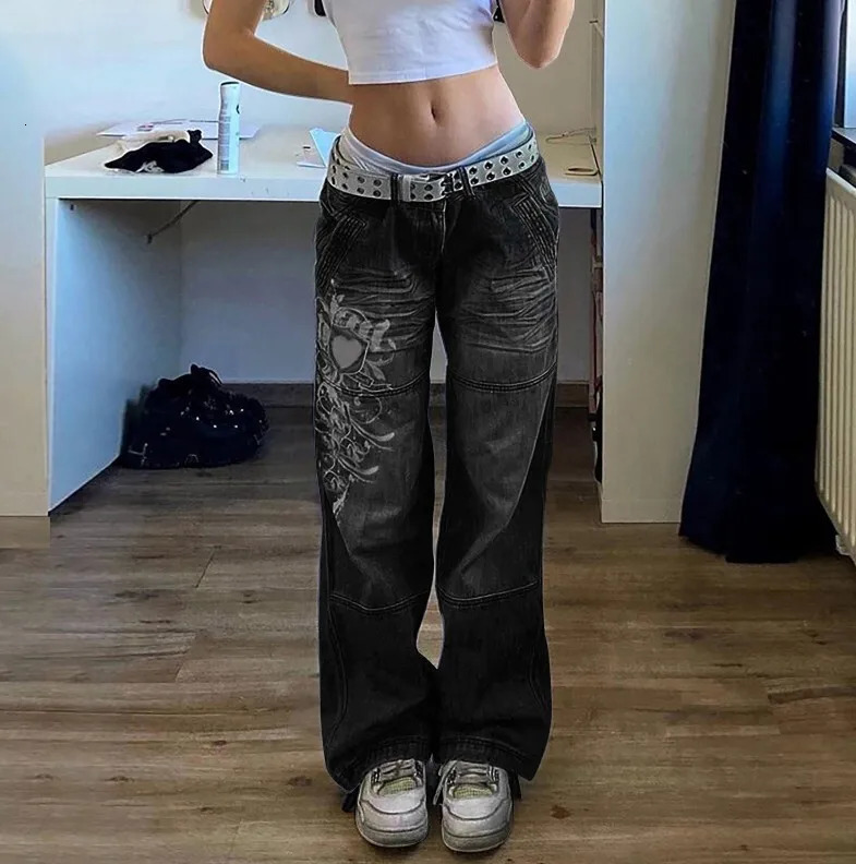 Retro womens irregular printed loose high waisted bag washed denim pants multi-color denim cargo pants Harajuku Y2k jeans 250228