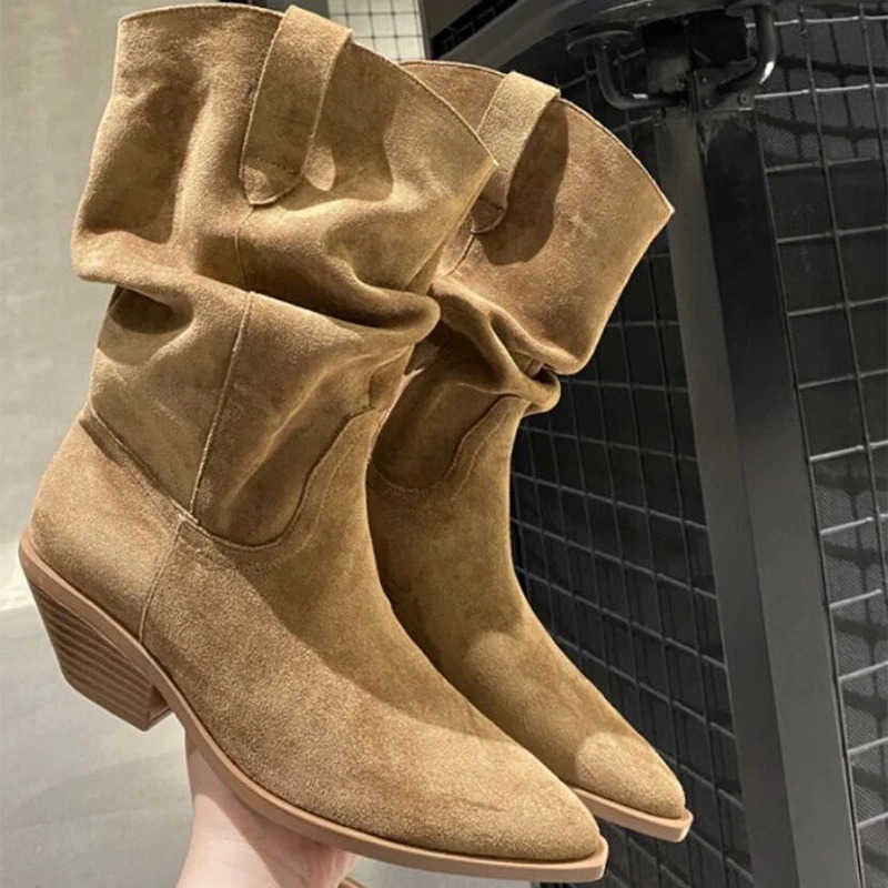Fion Vintage e Boots Korean Chunky Heel Sle Wern Pleated Doc Suede Ankle Boots Designer Pleated Boots Shoes Z250304
