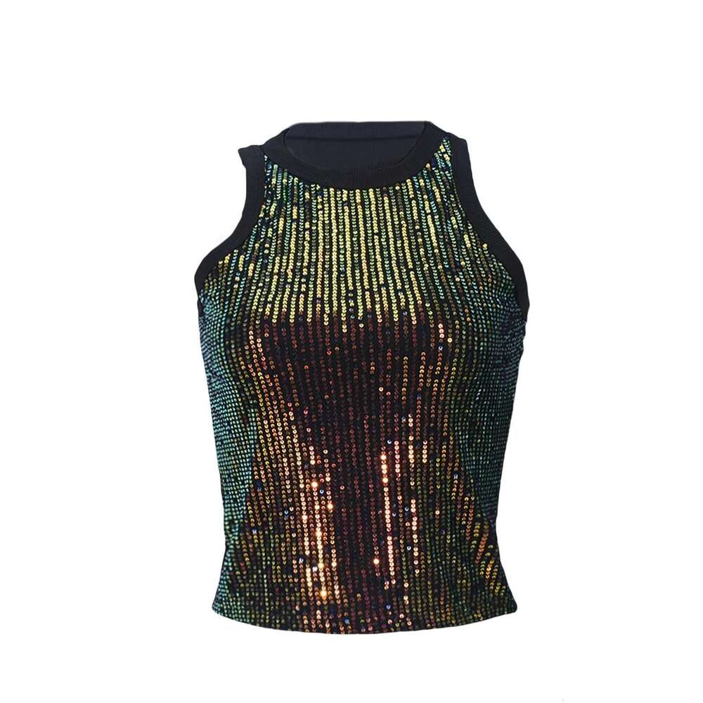 Sequin Camisole Summer Women Slim Fit Vest Sleeveless Round Neck Basic Elastic Tank Top Casual Tee Y2K Streetwear