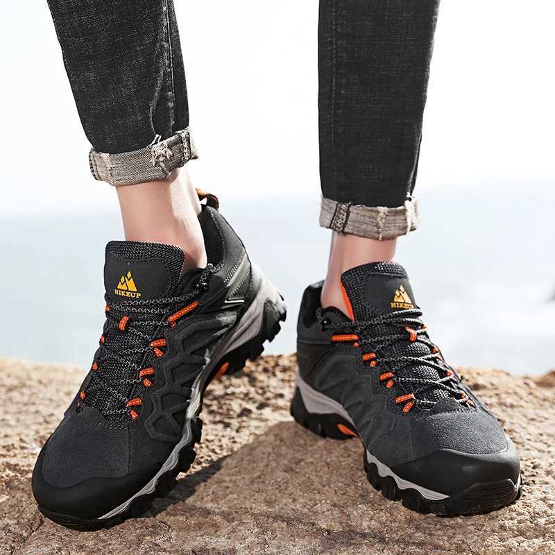 HIKEUP High Quality Leather Hiking Shoes Durable Outdoor Sport Men Trekking Leather Shoes Lace-Up Climbing Hunting Sneakers Z250304