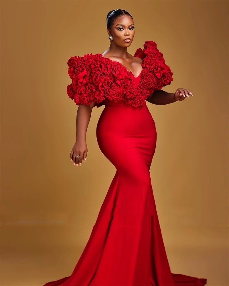 Aso Ebi African Red Mermaid Prom Dresses Ruched V-Neck Short Sleeves Long Satin Evening Gowns 2025 Chic Pageant Special Occasion Dress