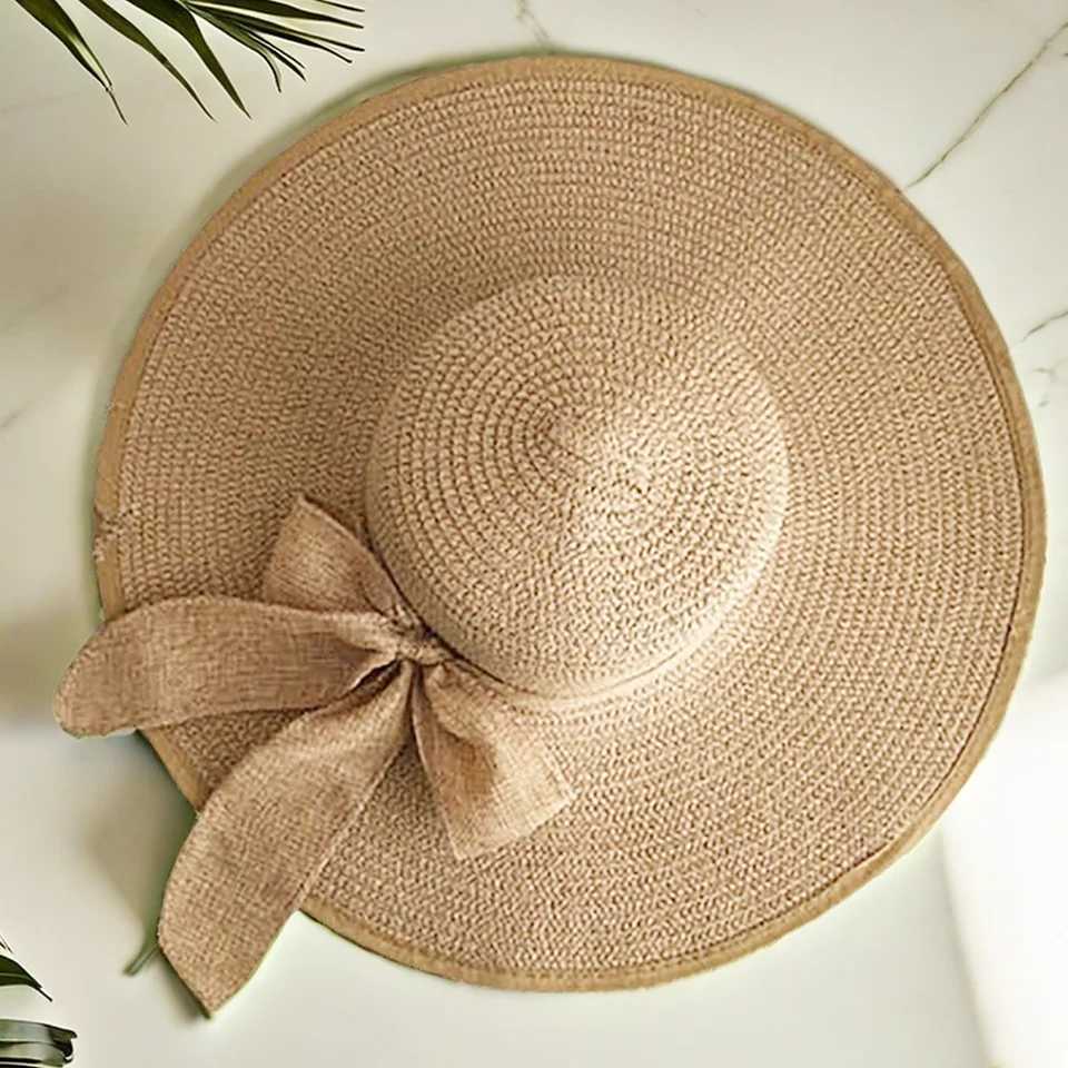 Summer Beach Vacation Big Hat Brim Beach Sunscreen Hat For Women Fashionable and Versatile Bow Ribbon Str HatXJ250304
