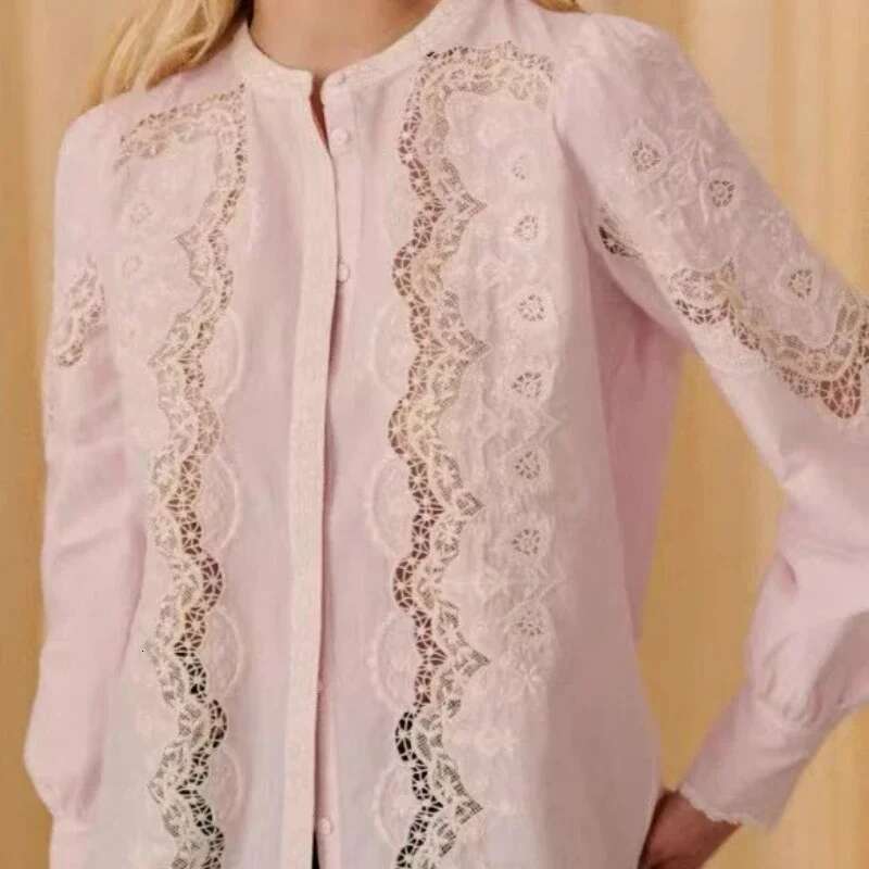 100% Cotton 2025 Spring New Round Neck Lace Embroidery Design Pink Ladies Shirt