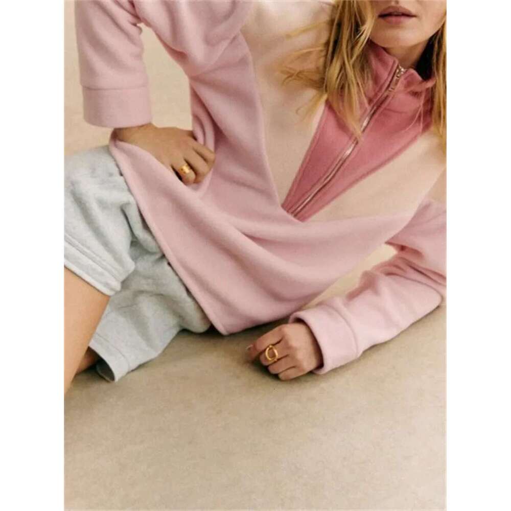 Women Color Patchwork Sweatshirt Zipper Half Turtleneck Long Sleeve Casual Female 2 Colors Pullover 2025 Fall Winter