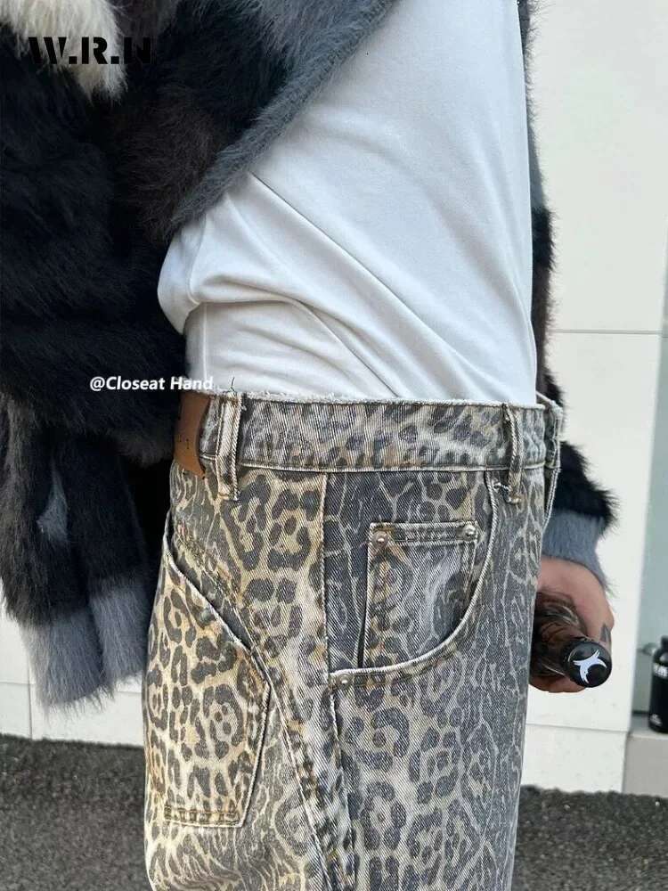 Women's American Vintage Leopard Print Washed Thin Jeans Street Casual Neutral Style Denimtrousers High Waist Straight Pants