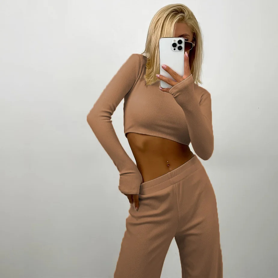 Women Casual Solid Color Suits Slim Fit Knit WideLeg Two Piece Pants Sets Streetwear Autumn 2023 Fashion ONeck Tracksuits 250225