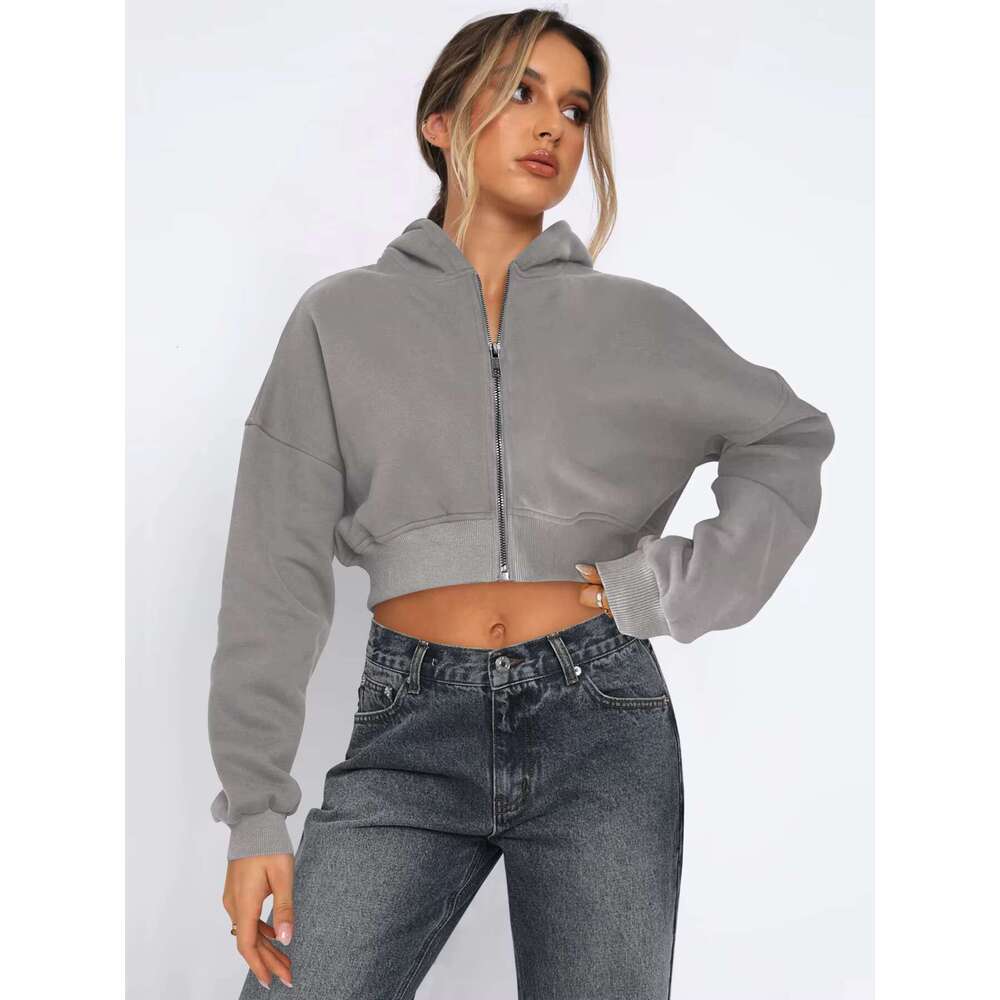 Solid Zip Up Cropped Gym Casual For Women Drop Shoulder Zipper Wholesale Women's Pullover Hoodie Sweatshirt