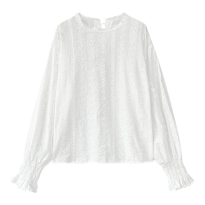 Dingaozlz Vintage style lace shirt Flare sleeve Hollow out White blouse Casual clothing fashion Women lace Tops Blouse 250228