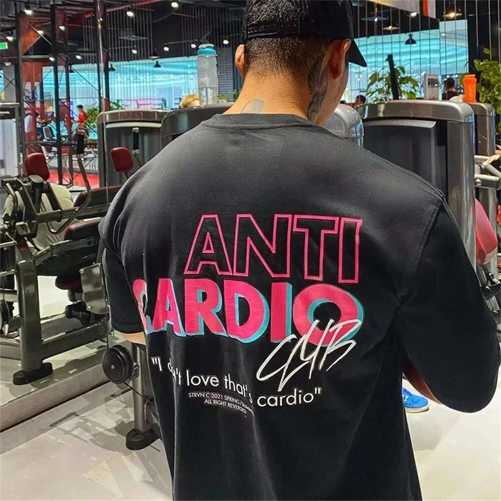 ANTI CARDIO Casual Oversized Short Sleeves Cotton T-shirt Gym Male Fitness Training Casual T-shirts High New Fashion Clothing