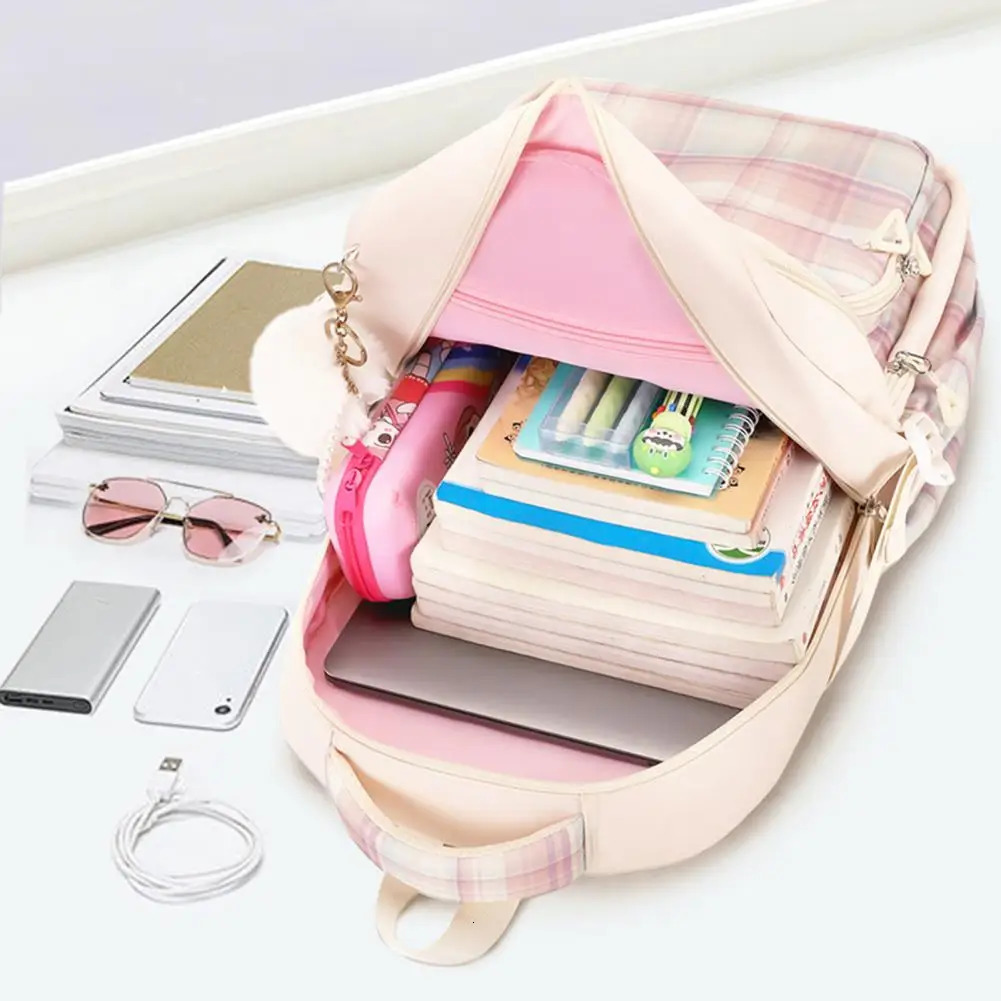 Ship from US Oxford Fabric Backpack Sweet Color Student with Plush Doll Pendant Capacity Multi Compartments School Bag for Pupils 250304FBB