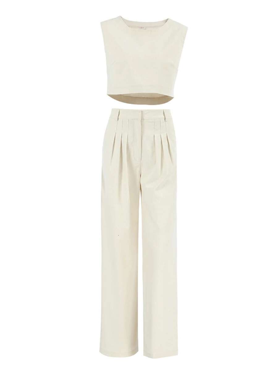 Summer Womem Fashion Round Neck Sleeveless Top Suit Two-Piece Set Office Ladies Chic Pants Suits Womens Outfits
