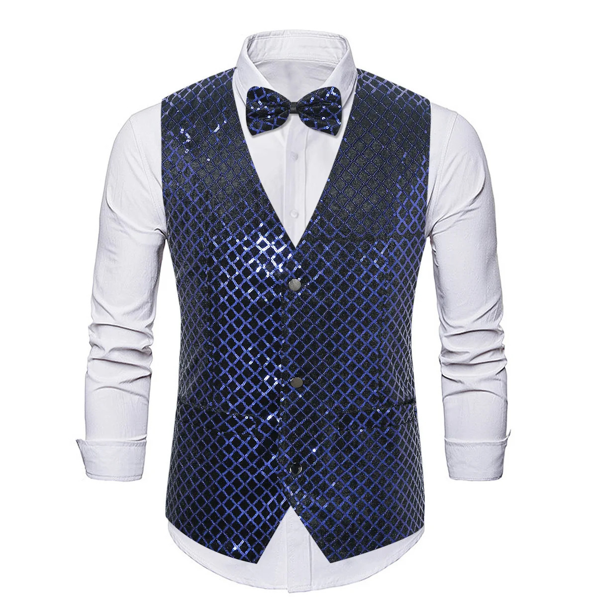 4809 Spring Mens Vest Vneck With Bow Plaid Sequins Suit Single Breasted Sleeveless Waistcoat Loose Male Dance 250304