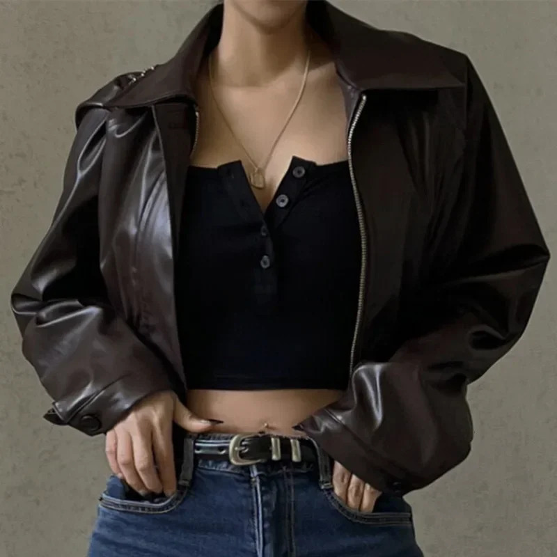 Faux Leather Jacket Women Fashion Brown PU Oversized TurnDown Collar Zipper Cropped Coat Autumn Winter 2024 250226