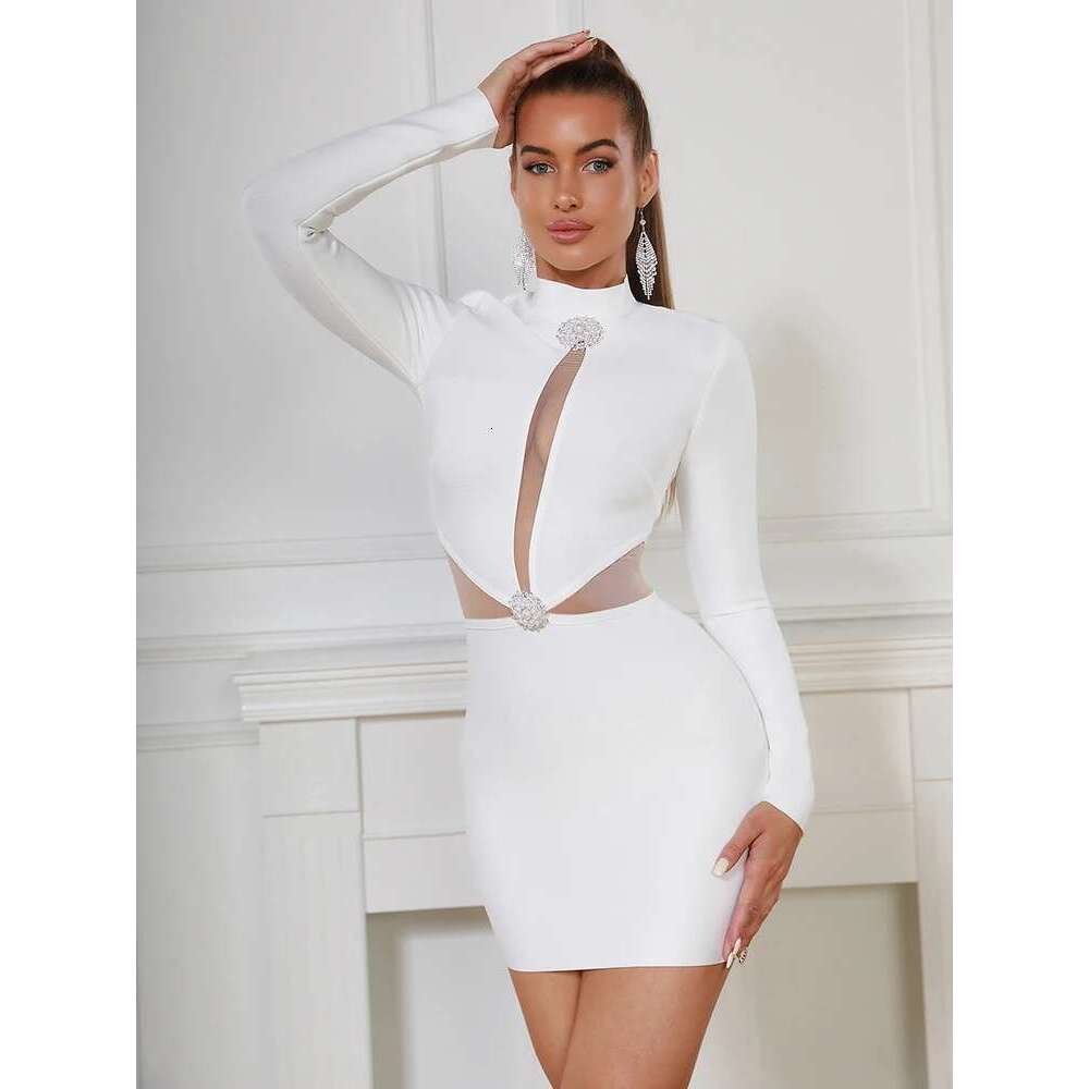 2022 Spring And Autumn New Fashion Women's Clothes Long Sleeve Chest Hollow Design Pearl Button Sexy Mini Tight Bandage Dress