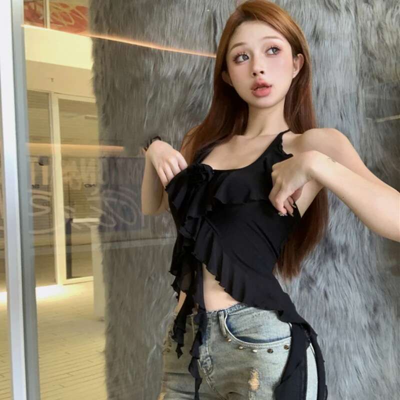 Camis Halterneck Women Ruffles Design Unique Sexy Spicy Girls High Street Popular Ins Korean Fashion Solid Attractive Top