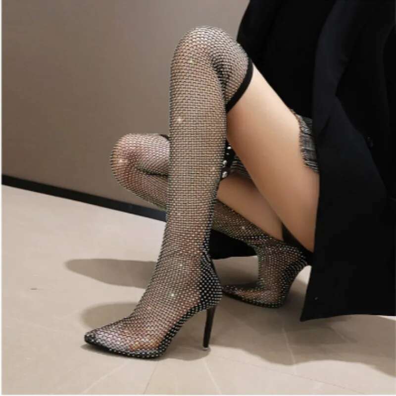 with Black Womens High Slim Heels Pointed Toes Rhies Zippers Summer Outdoor Mesh fashionable Cool Boots