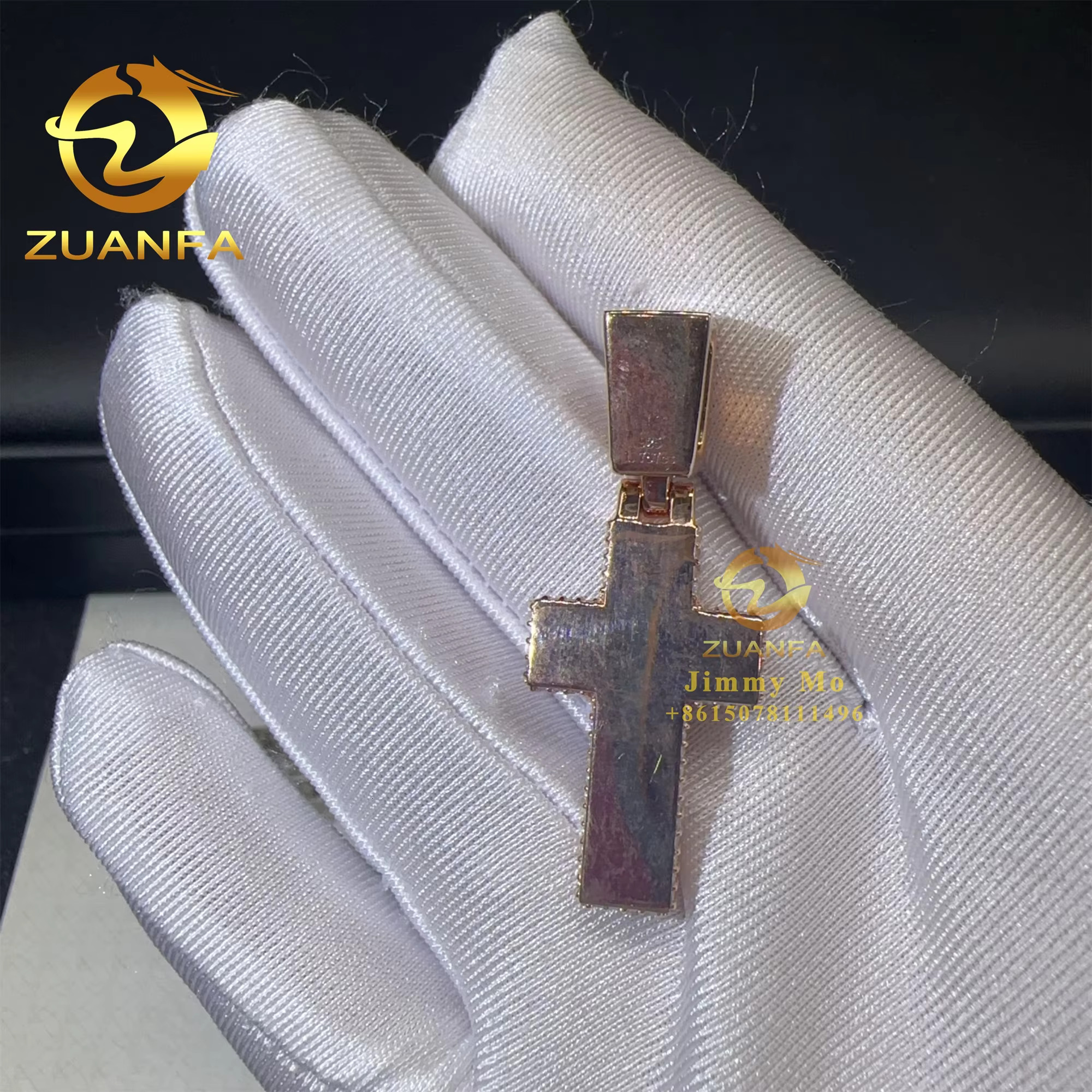 1" Elegant Jewelry Hip Hop Sterg Sier Rose Gold PlatedFull With Moissanite Dia Cross Pendant Necklace