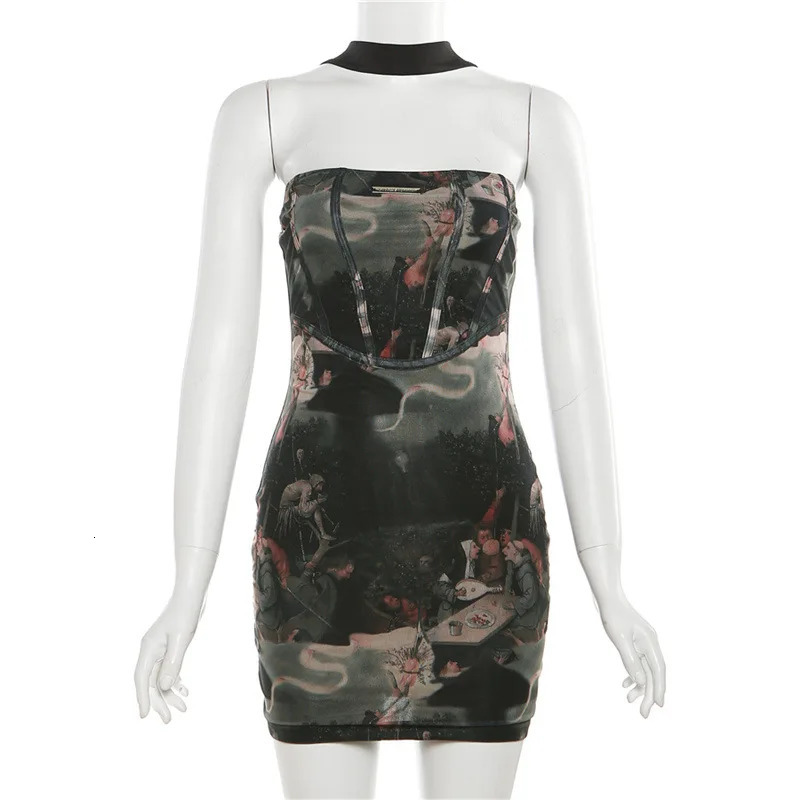 Nibber Printed Mini Dress For Women 2023 Summer Hipster Patchwork Wrapped Chest Bodyshaping Halter Short Midnight Partywear 250227Z