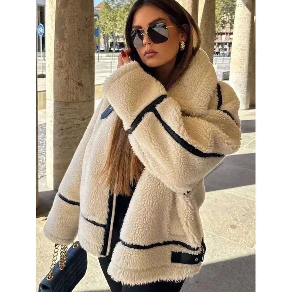 Women Overcoat Lamb Fleece Jacket Lapel Zipper Contrast Color Integrated Overcoat Versatile Autumn Winter Warm Thickened Coat 241106