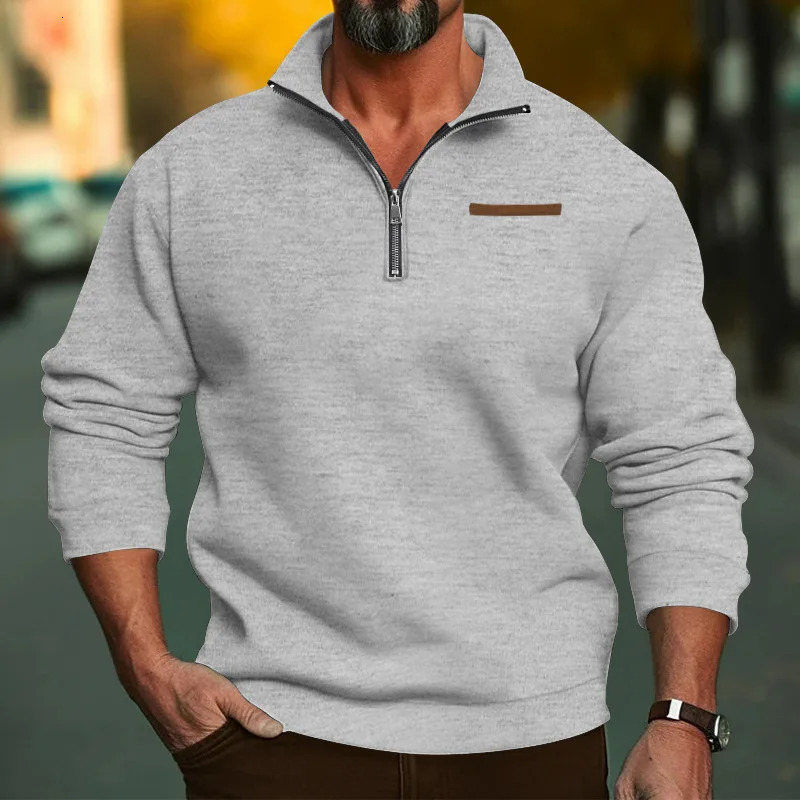 Autumn and winter stand up collar long sleeved semi open zipper sports shirt for mens casual loose fit full matching top 250304