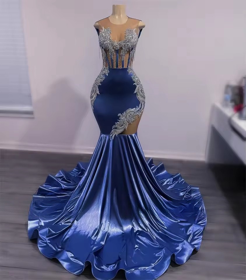 Royal Blue Veet Beaded Mermaid Prom Dresses 2025 Black Girl Sparkly Dia Tassels Customsized Evening Birthday Party Gown