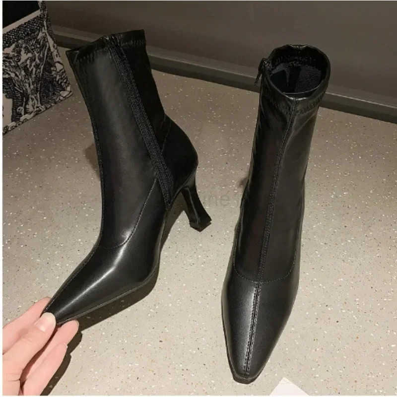 Wen High Heeled Boots Autumn and Winter New Fion Sexy Pointed Toe Wen Elastic Short High Heeled Boots Z250304