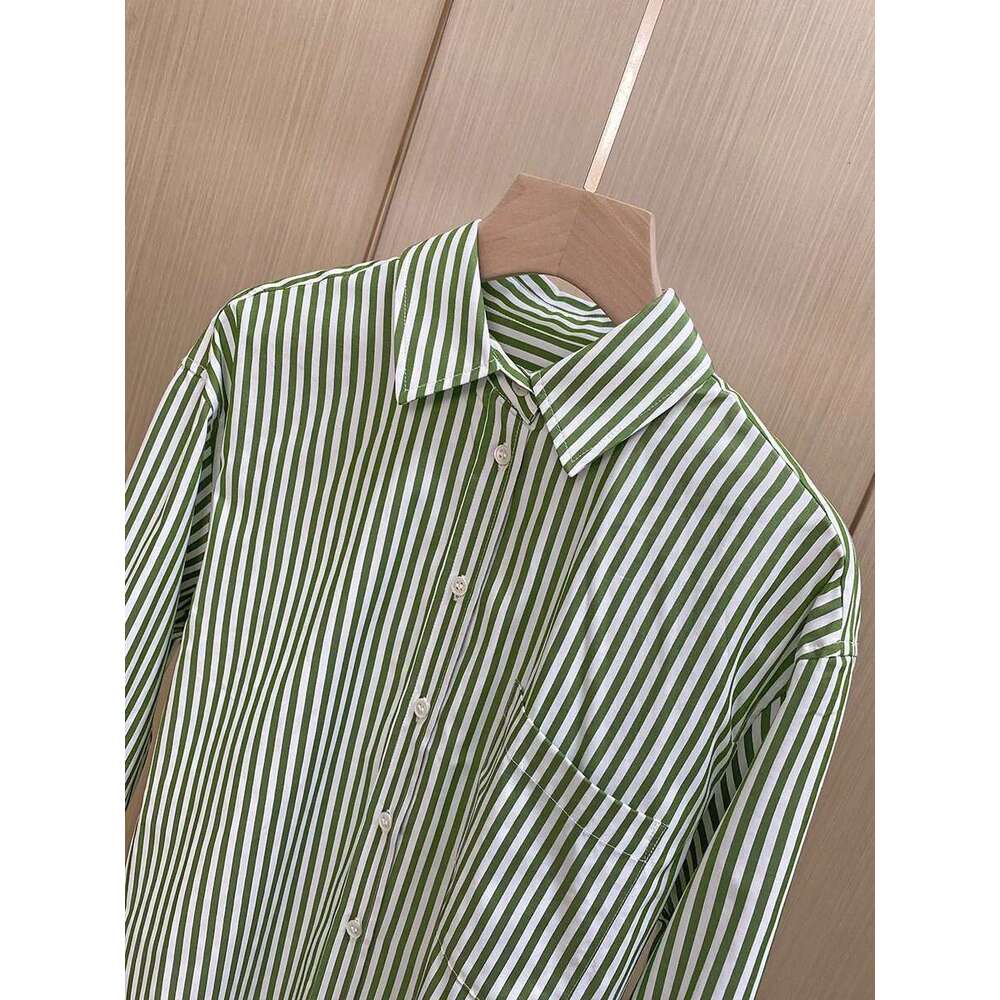 Women's Green Stripes Shirt Embroidery Butterfly Letter Turn-Down Collar Cotton Top 2025 Autumn Female Single Breasted Blouse