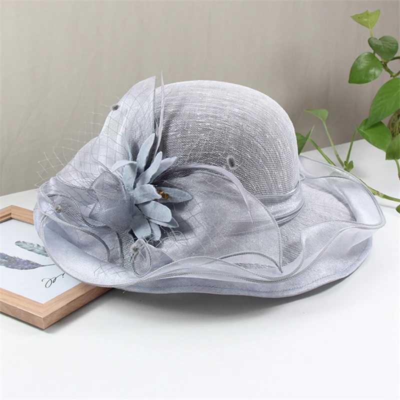 Elegant Big Brim Sinamay Chiffon Organza Flower Lace Sun Hat La Wedding Party Kentucky Dey Church Bucket HatXJ250304