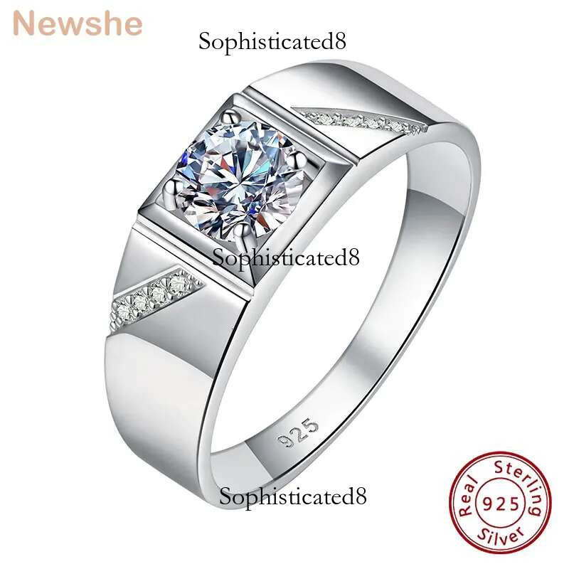 Newshe Moissanite Rings for Men Sterg Sier Solitaire Round 1.0 Ct Dia Ring Promise Wedding Band Jewelry