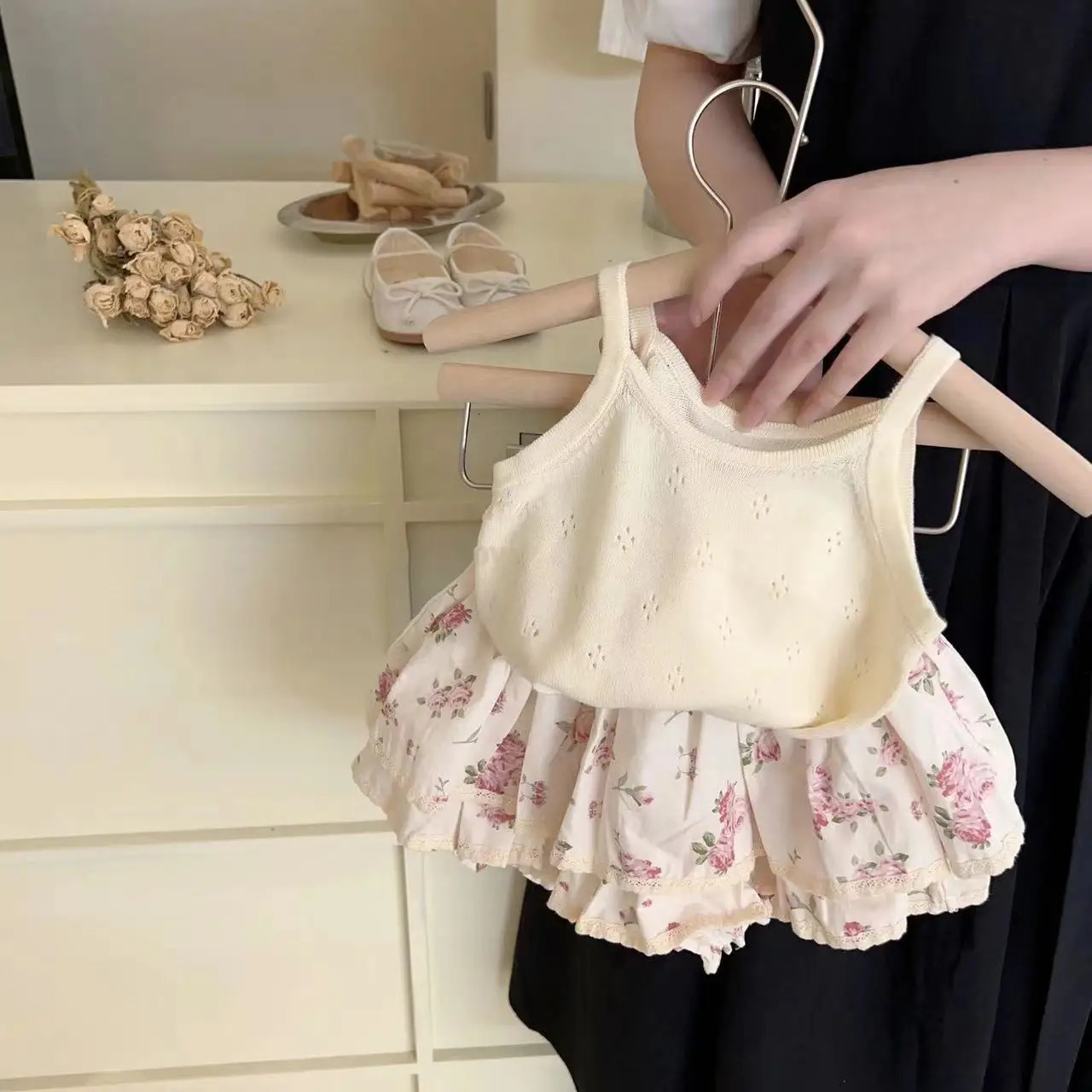 Ins Summer Toddler Girl Outfit Hollow Cool Slip Tees Lace Rose Flower Bud Shorts Baby Girl 2PCS Clothes Set Kid Girl Suits 250304