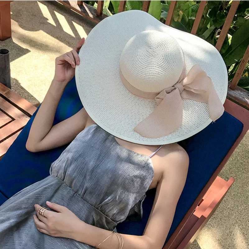 Big Bowkno Summer Fashion Sun Hats Beach Flat Panama La Casual Wide Brim Str Hat Beach C Black Bow for Women AccoriesXJ250304