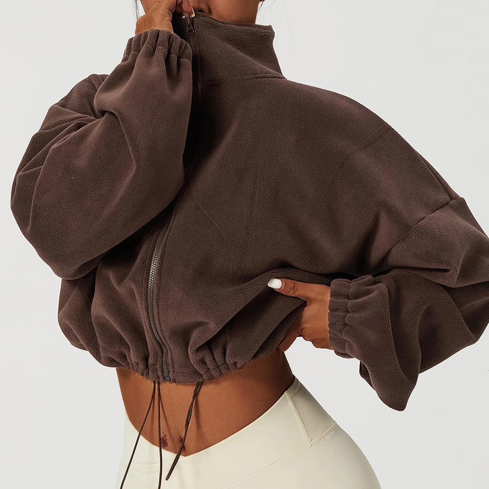 Harajuku Fleece Sweatshirt Jacket Women Y2k Zip Up Oversized Crop Top Coats Streetwear Winter Long Sleeve Stand Collar Jackets 250226