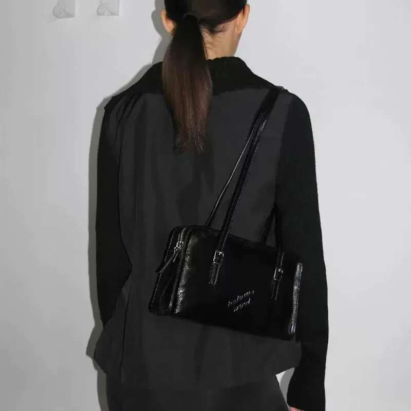 New Women Cosmetic Bag Vintage Shoulder High Quality Black PU Ladies Crossbody Design Casual Simple Underarm Bag