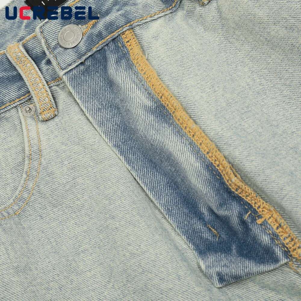 Side Stripe Washed Distressed Jeans Mens Spliced High Street Loose Straight Wide Leg Denim Pants Men Trousers