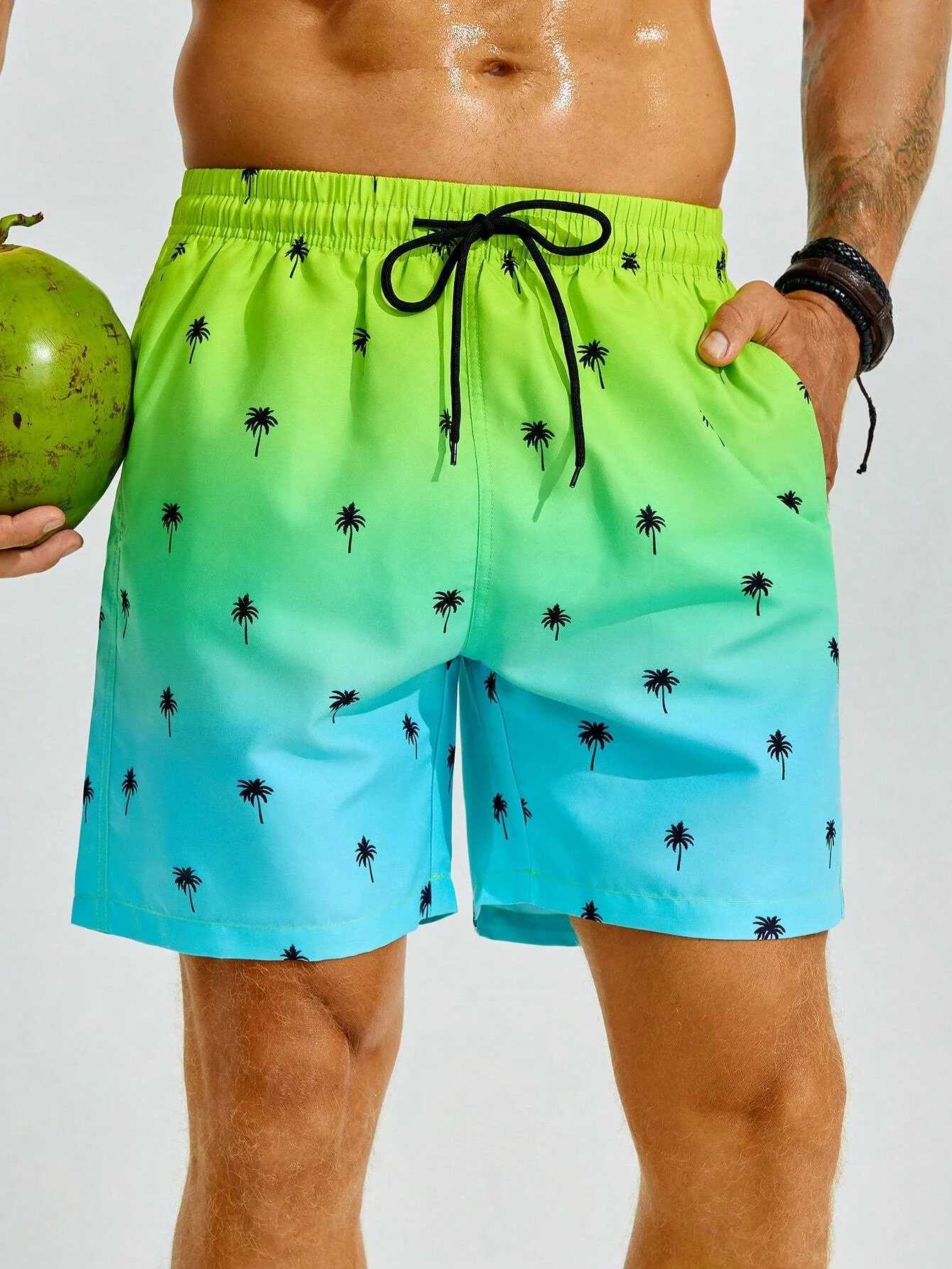 Summer Mens Beach Short Coconut Tree Drawstring Mens swim Trunks Elastic Waist 3D Print Gradient Breathable Short StreetwearT250304
