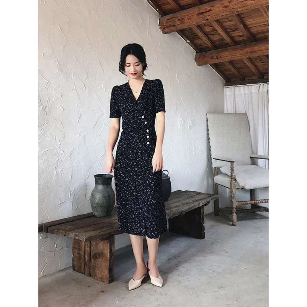 Women French Ral Summer New Slim Mid-Length Ladies V-Neck Dress