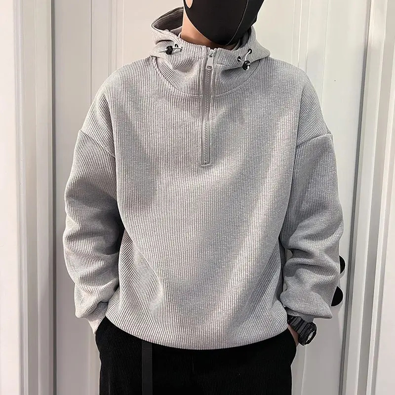 Mens Trendy Simple Casual Half Zipper Hooded Sweatshirt Autumn Winter Black Gray Long Sleeve Loose Pullover Hoodie Clothing 250304