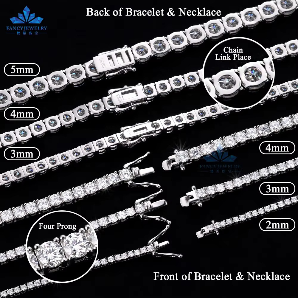OEM ODM Custom Jewelry Wholesale Gold Sterg Sier Iced Out 2/3/4mm Classic Moissanite Dia Necklace Tennis Chain