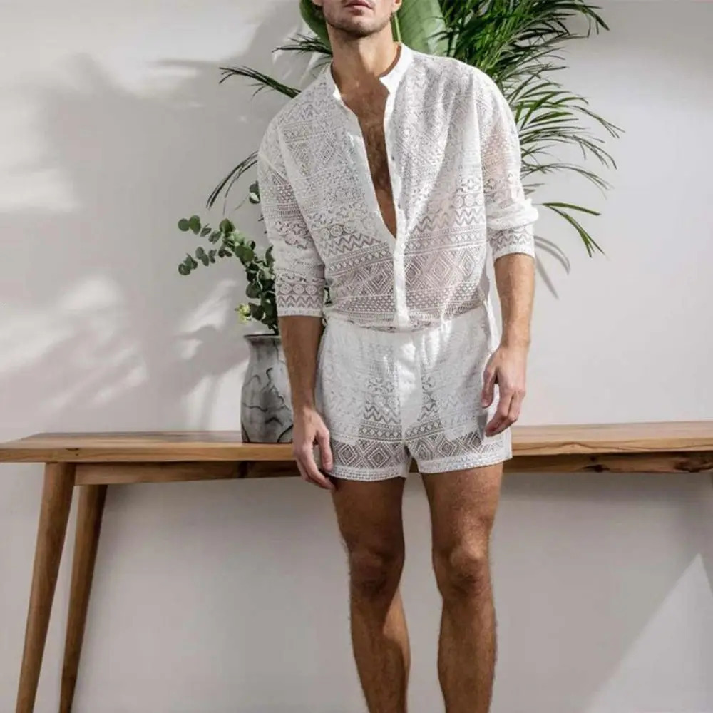 Mens Fashion Set Summer Hollow Out Sexy Lace Shorts Pattern Print Shirt Two Piece Suits Trendy Elegant Beach Clothes Outfits 250227