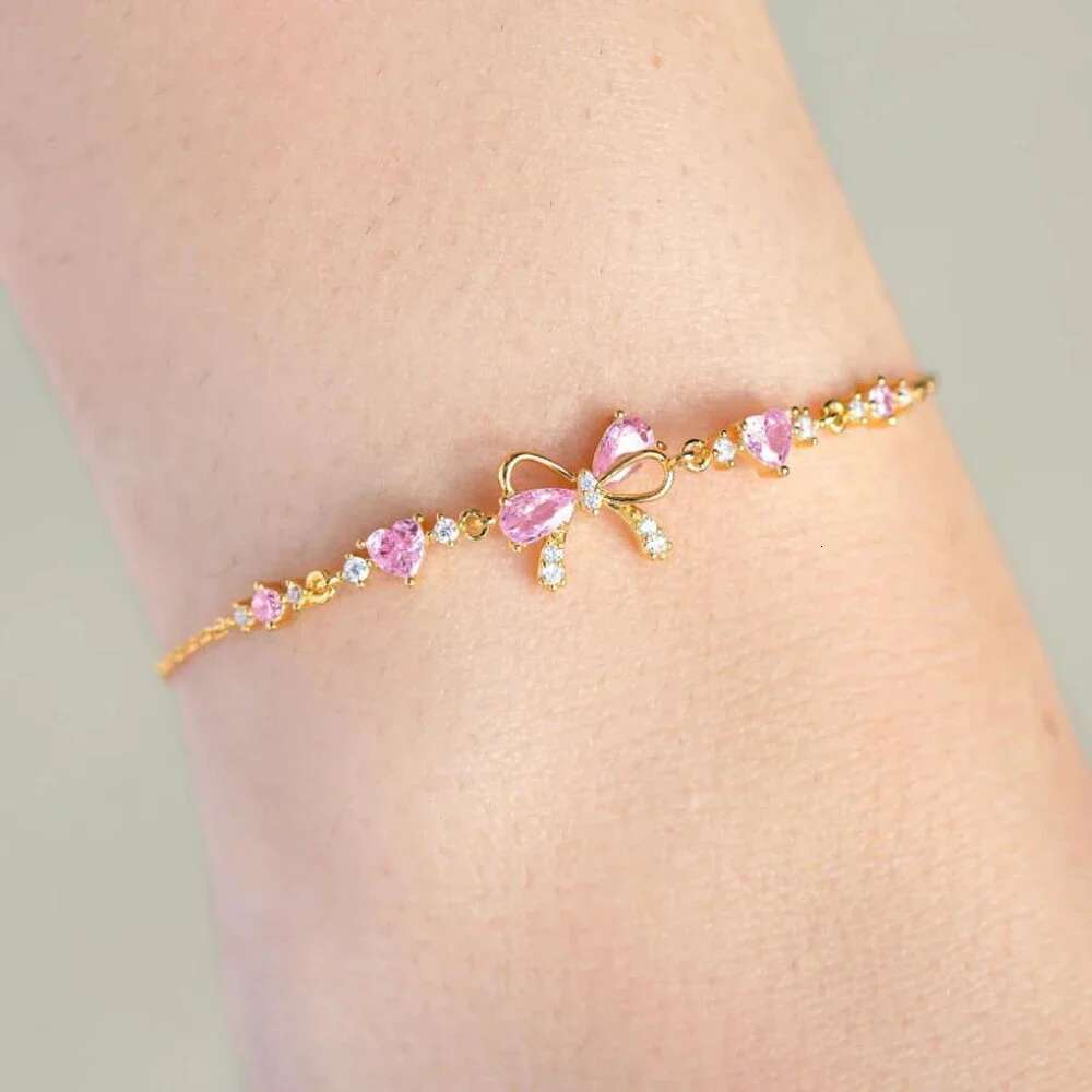 Y2K Exquisite Sweet Pink Zircon Bowknot Love Heart Chain Bracelet For Women Girls Party Birthday Jewelry Gift
