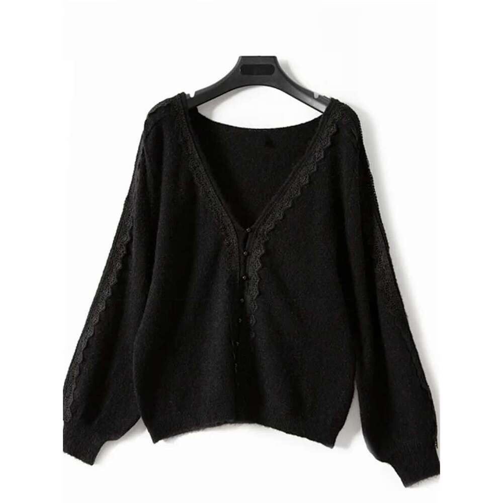 Women Black Knit Cardigan Tops Spring Summer Ladies Single Breasted Sweater V-Neck Lace Trim Ing Knitwear