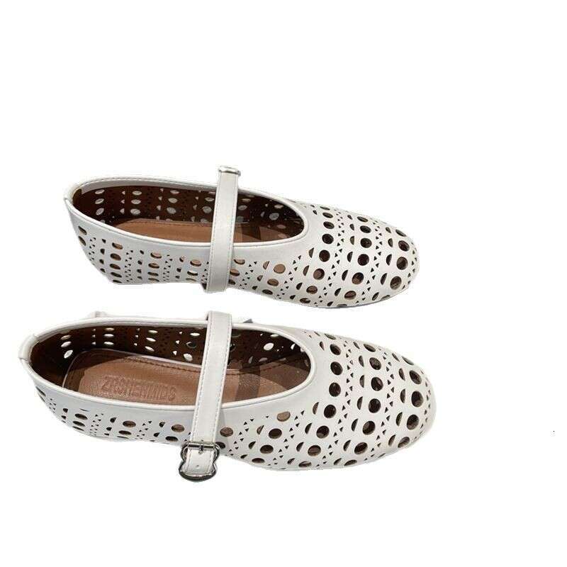 Cowhide Edition~Spring/Summer Genuine Shallow Mouth One Word Buckle with Hollow Round Head Flat Bottom Single for Women Ballet Boats Leather Shoes