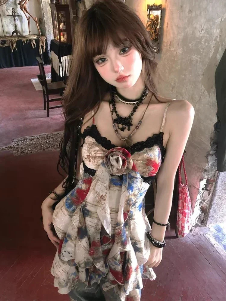 American Style Sexy Gyaru Halter Top Women Sweet Print Slim Camisole Summer High Street Coquette Asymmetrical Tees 250228