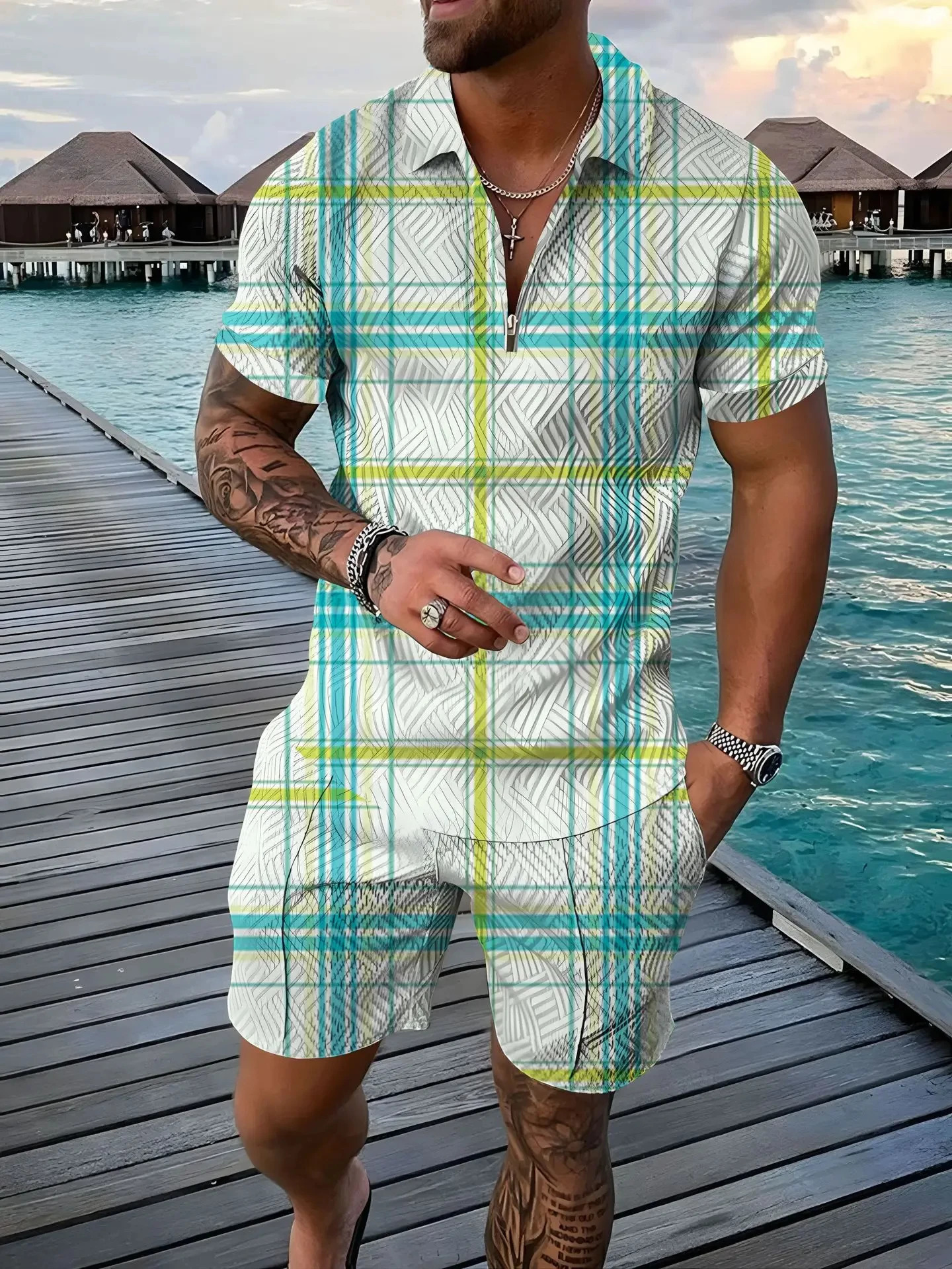 Vintage Casual Striped 3D Print Polo shirt 2pcs Set Zipper Lapel Polo Sets Zipper CollarShorts Hawaii Holiday Style Man Clothes 250304