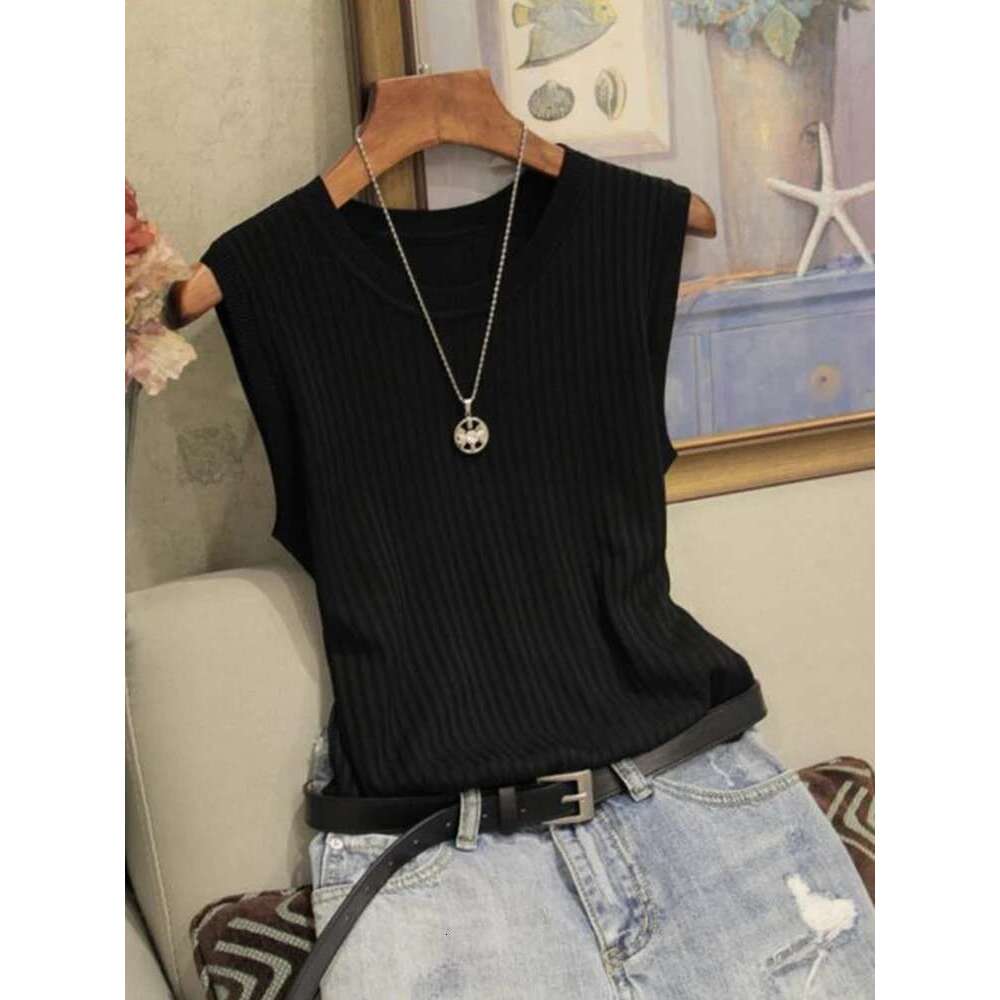 Vests 2025 Korea Top Summer Sleeveless O-neck Knitted Blouse Shirt Clothes Women Tops